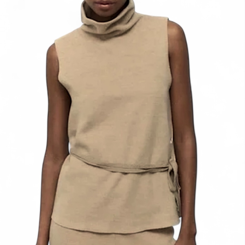 ZARA Cowl Turtleneck Sleeveless Knit Vest Belted Sweater Top Tan Minimalist Sz M